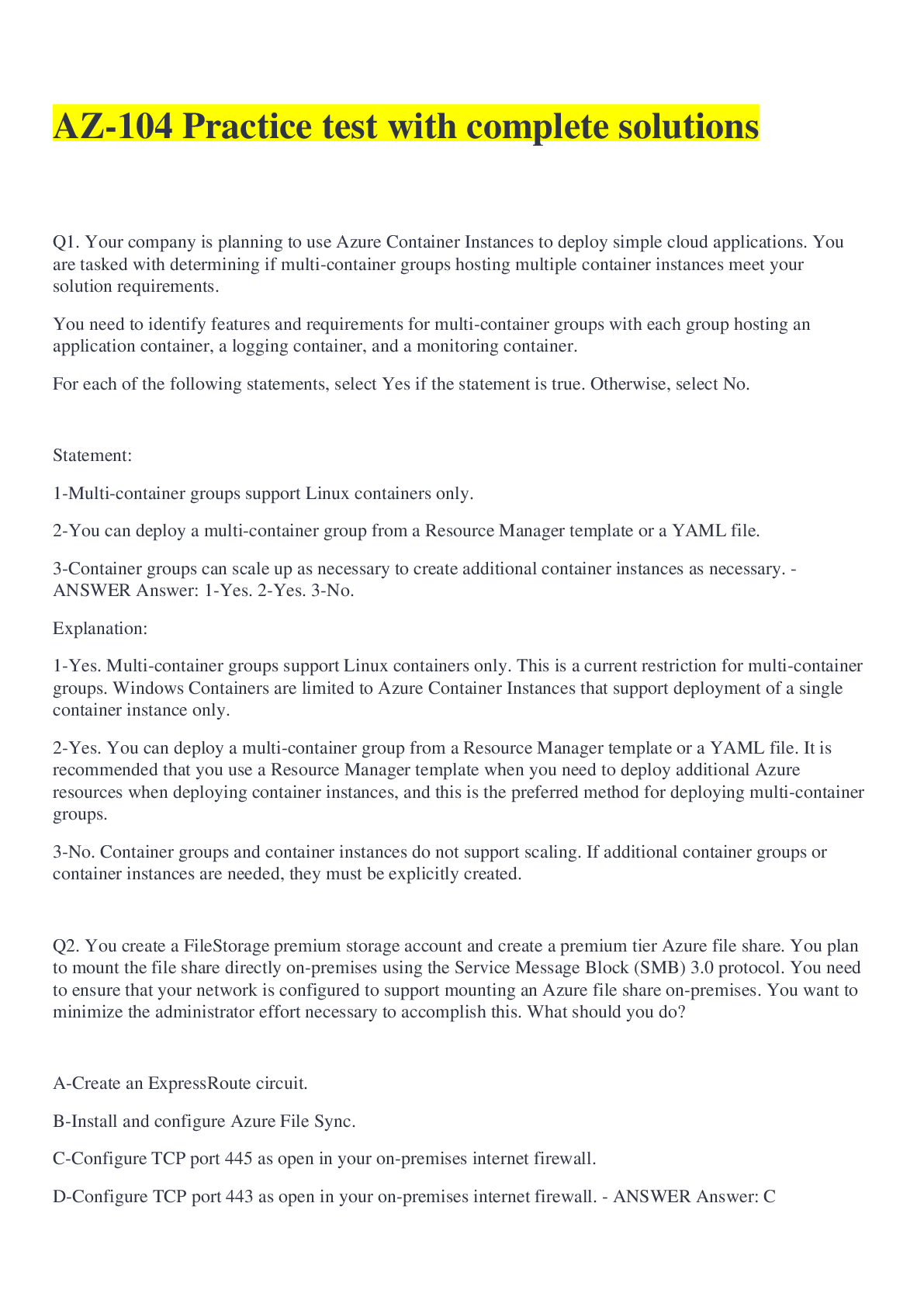 AZ104 Practice test with complete solutions Browsegrades